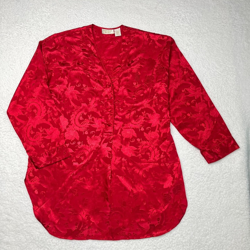 Vintage Victoria Secret Sleep Shirt Medium‎ Red Satin Damask Embroidered Logo